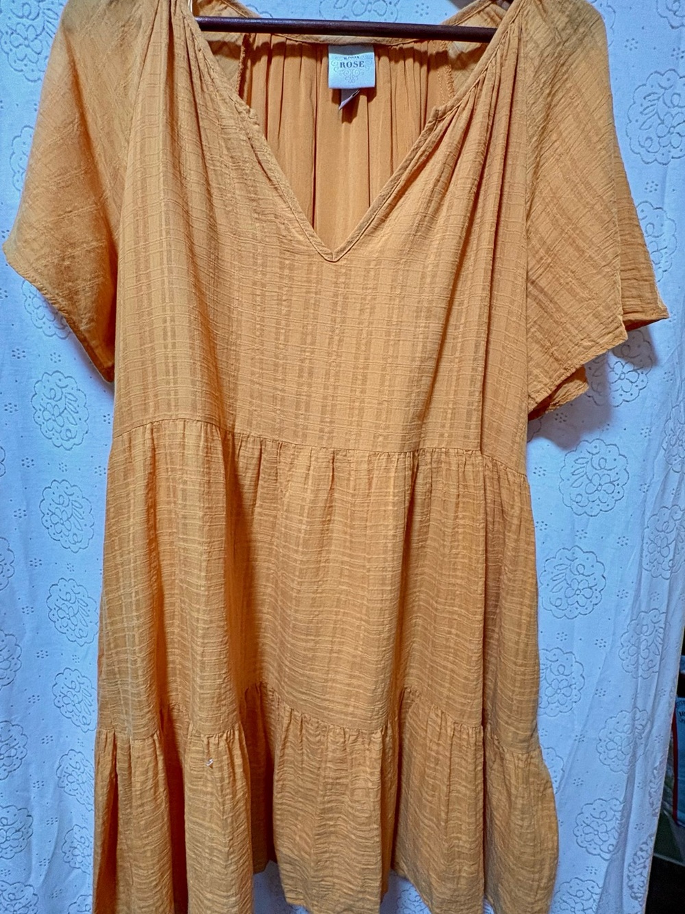 Knox Rose Tiered Babydoll Dress Mustard Cotton Gauze Boho Short Sleeve Large